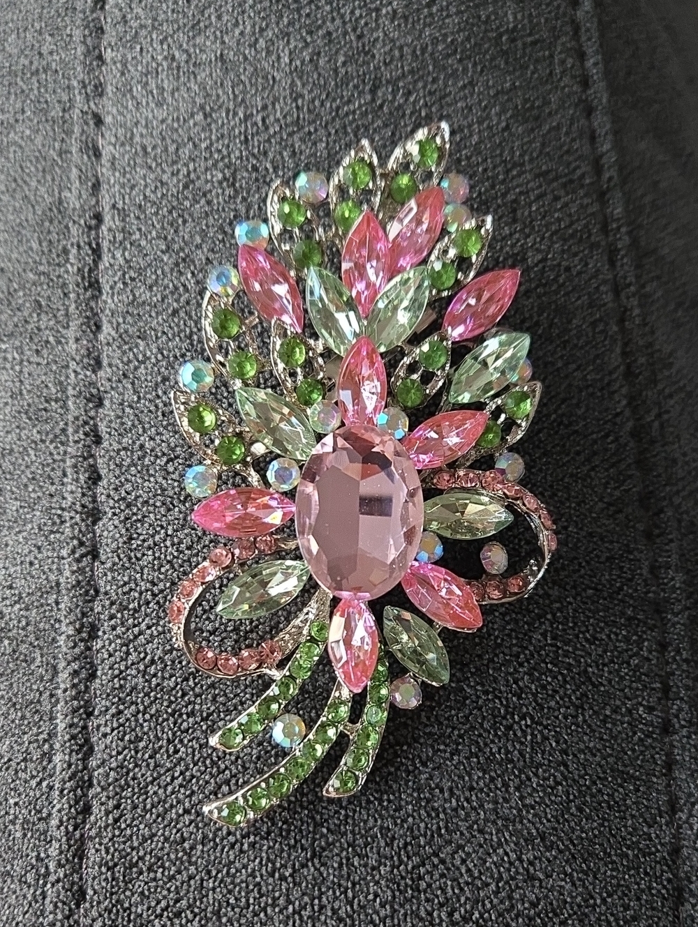 Pink and Green Crystal Floral Brooch